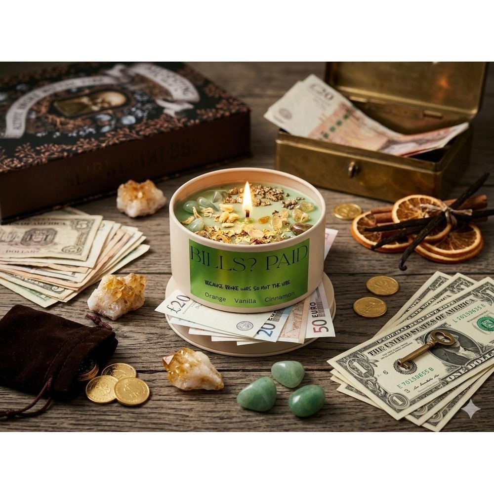 BILLS? PAID Candle – Pyrite, Green Aventurine Wealth Manifestation Candle
